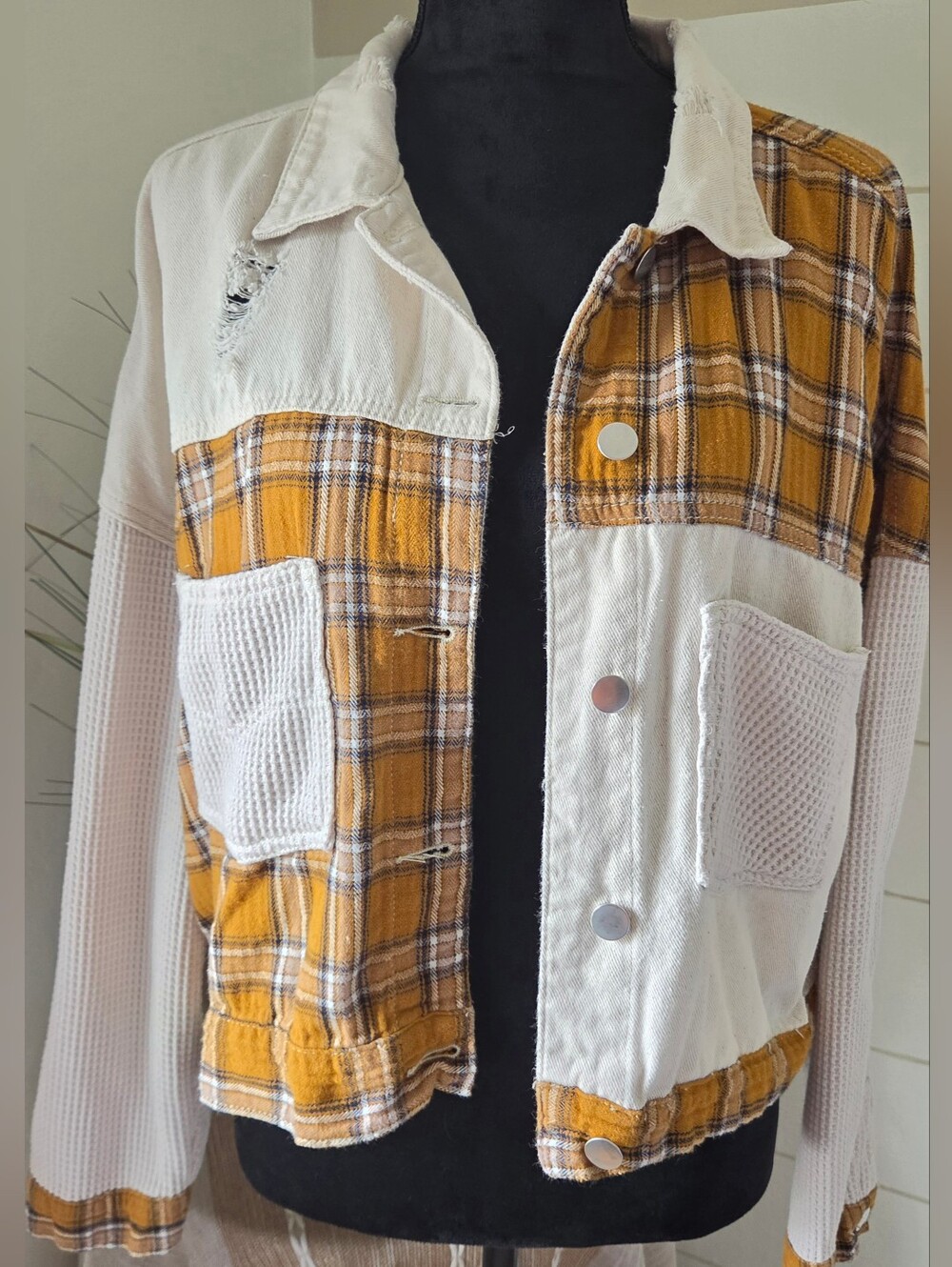 POL Mustard Yellow Plaid Patchwork Distressed Denim Shacket Waffle Knit Jacket L